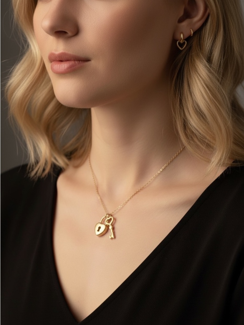 18k Gold Plated Heart Lock and Key Pendant Necklace. New.